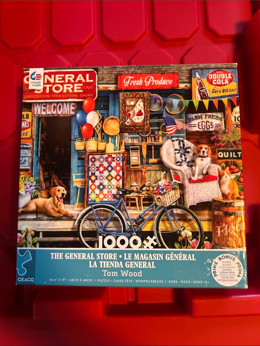 TOM WOOD Colorful General Store Puzzle Box with Blue Bicycle and Red Accents